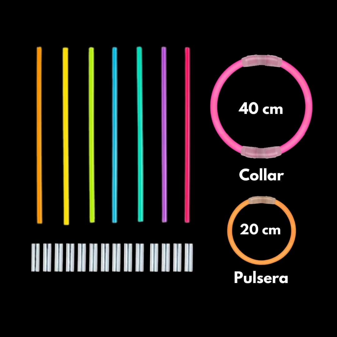 Contenido del paquete Lumi Flex – 100 pulseras fluorescentes y conectores Piezas incluidas en el pack Lumi Flex con 100 pulseras fluorescentes y conectores variados para accesorios luminosos