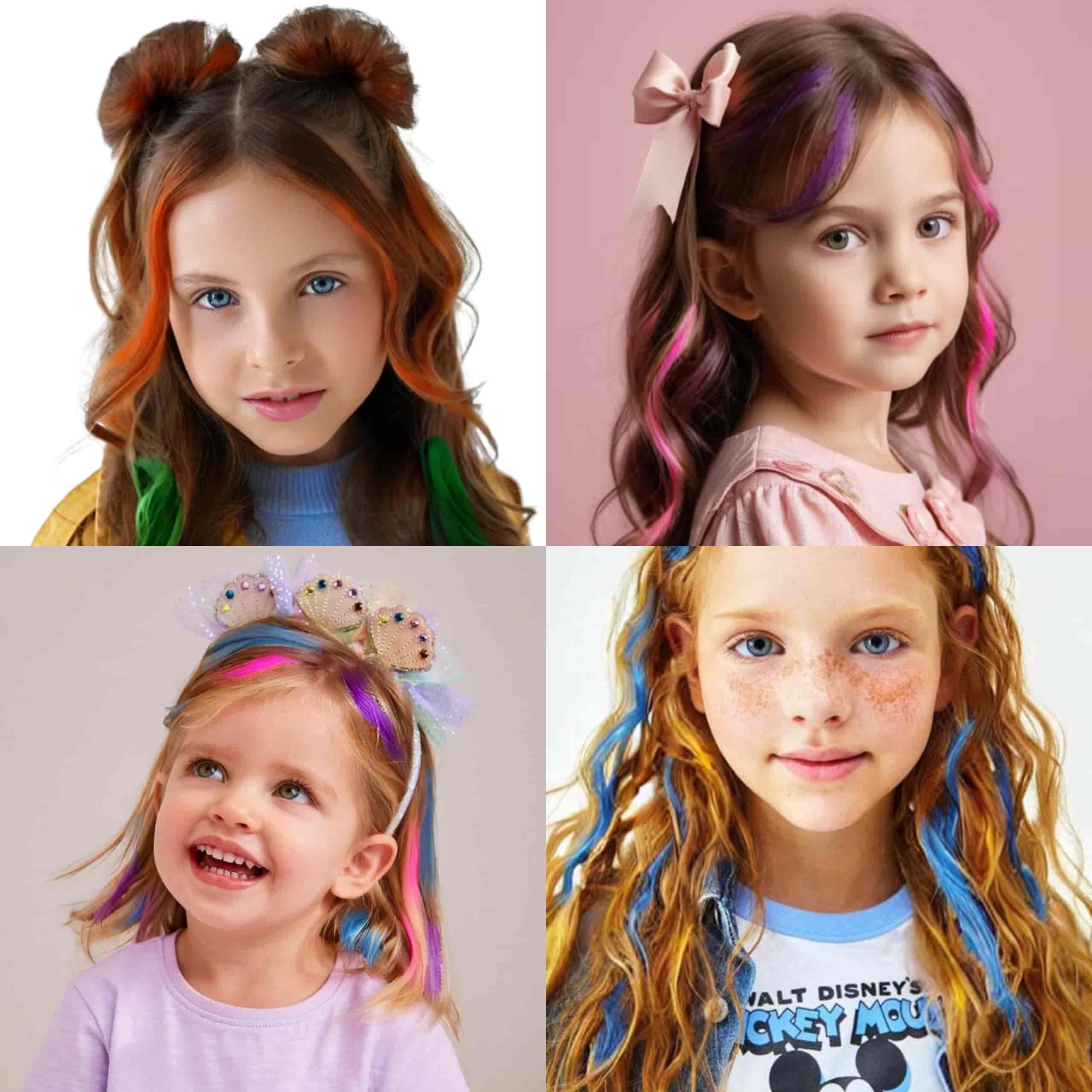 Niños y niñas usando Peines de Tinte Temporal para Cabello Niños y niñas con el cabello pintado con peines de tinte temporal en colores vivos y lavables