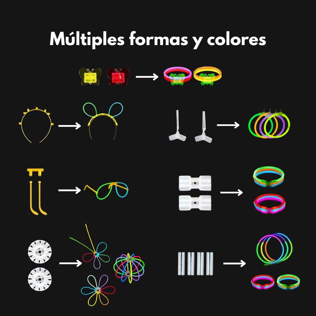 Piezas del set Opti Glow con barras fluorescentes, conectores y accesorios luminosos para fiestas
