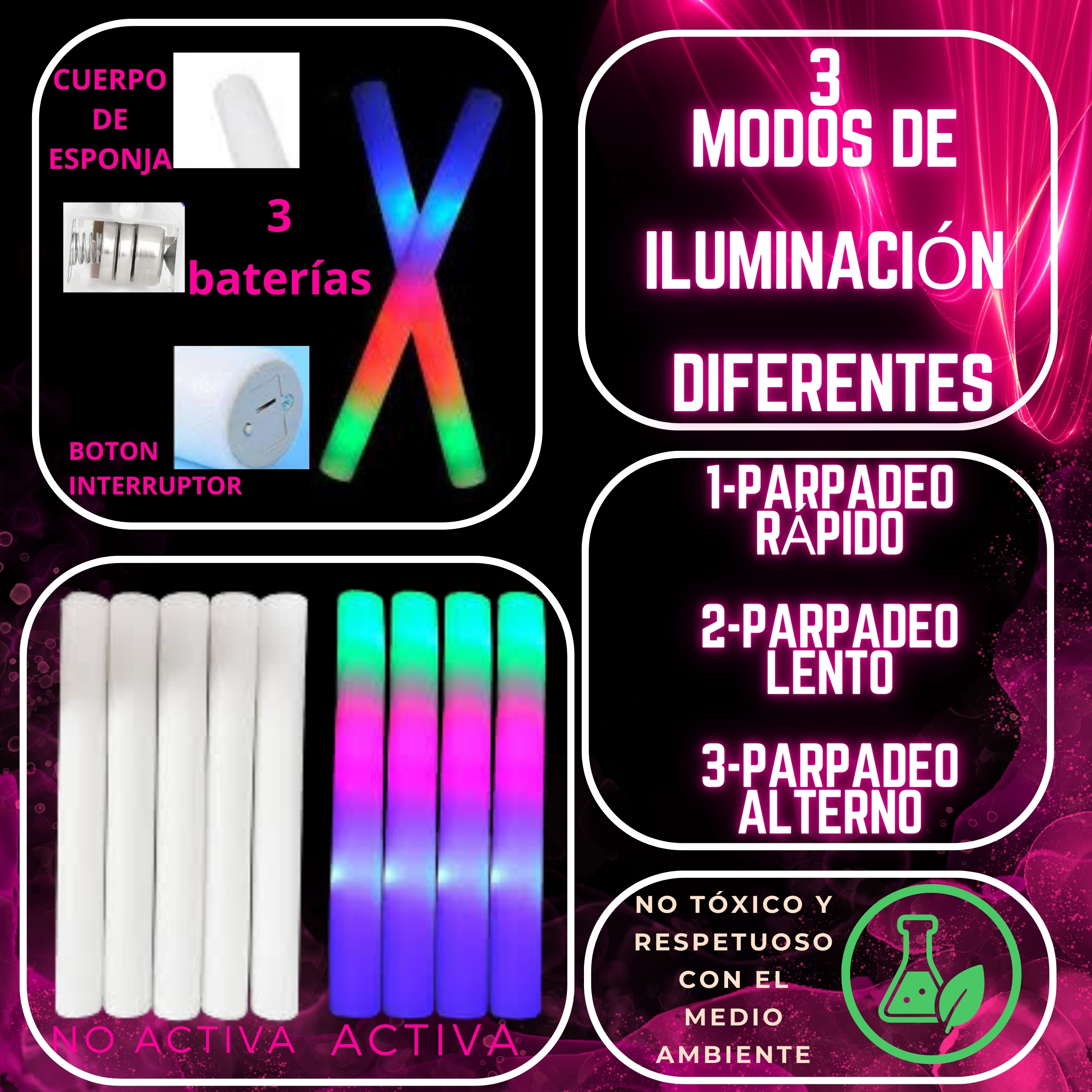 Detalles del producto Soft Stick 30 – Palos de Espuma LED Detalle de los palos de espuma LED Soft Stick 30 mostrando textura, luces internas y materiales reutilizables
