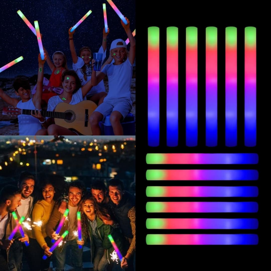 Jóvenes bailando con palos de espuma LED Mega Espuma 50 encendidos en colores neón durante una fiesta