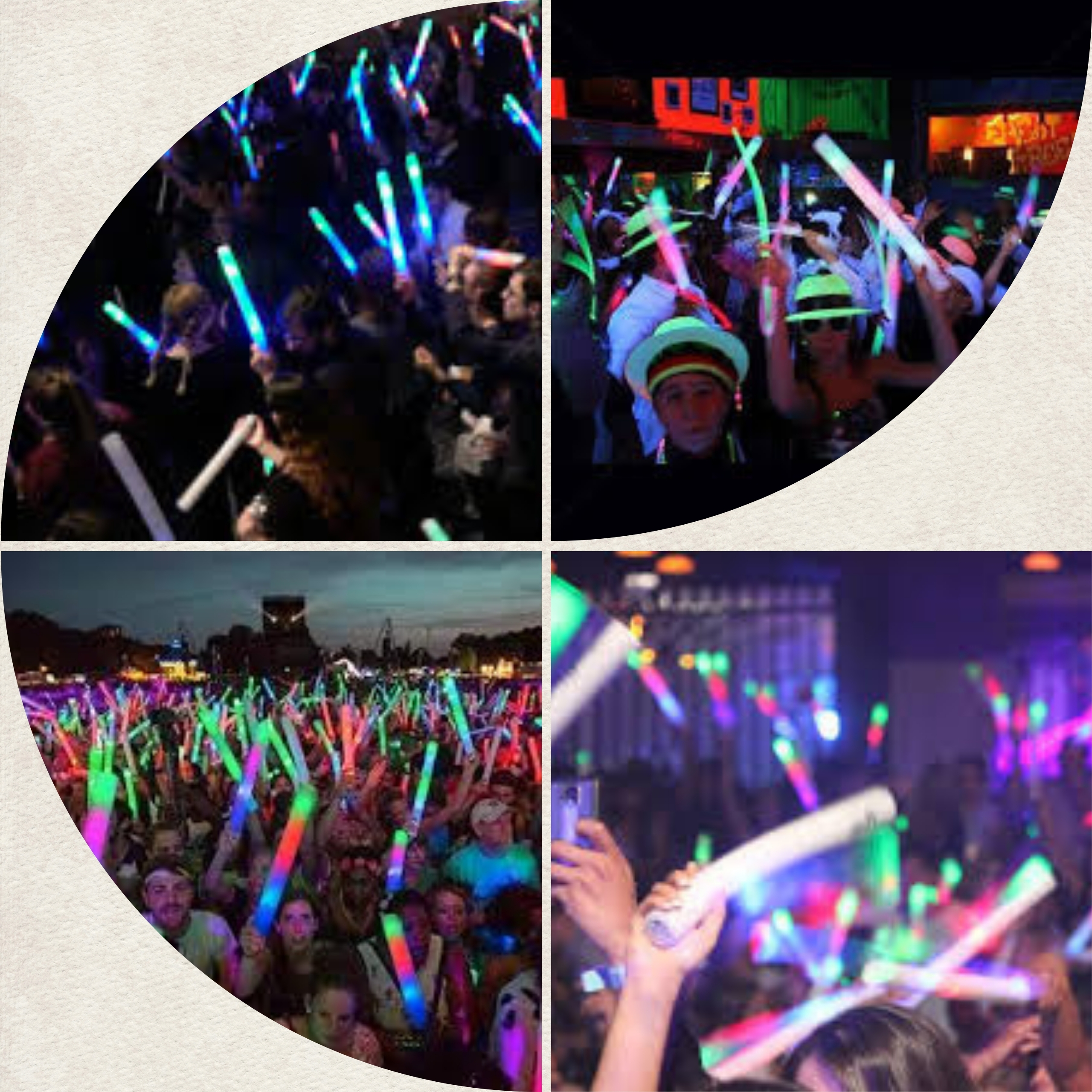 Palos de Espuma LED Soft Stick 30 en uso durante una fiesta Grupo de personas disfrutando en una fiesta nocturna con palos de espuma LED Soft Stick 30 encendidos en varios colores