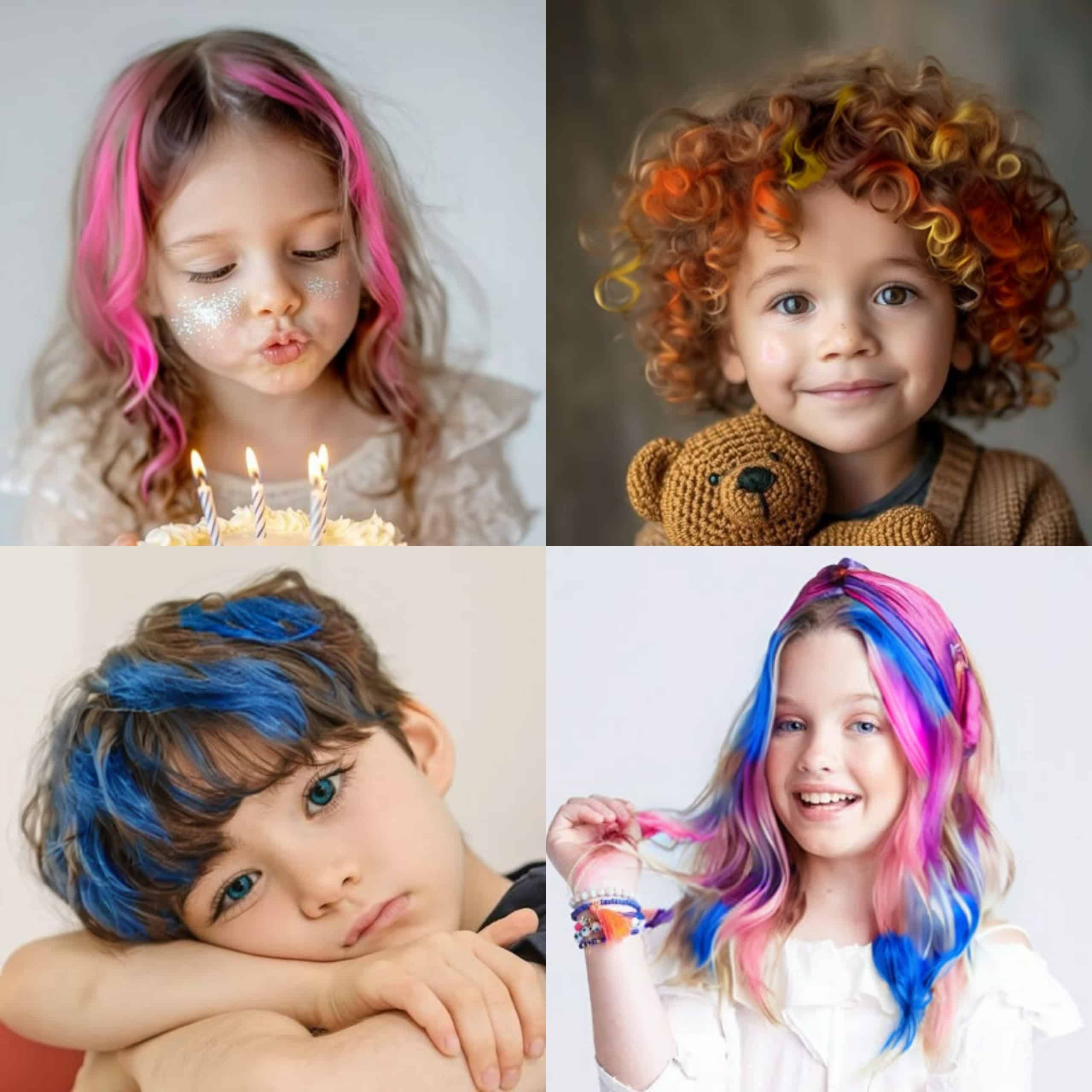 Niños con el cabello teñido con tizas de colores lavables mostrando tonos divertidos y peinados creativos