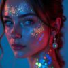 Chica en ambiente oscuro con rostro iluminado por el glitter LumiGlow Pro de efecto UV holográfico