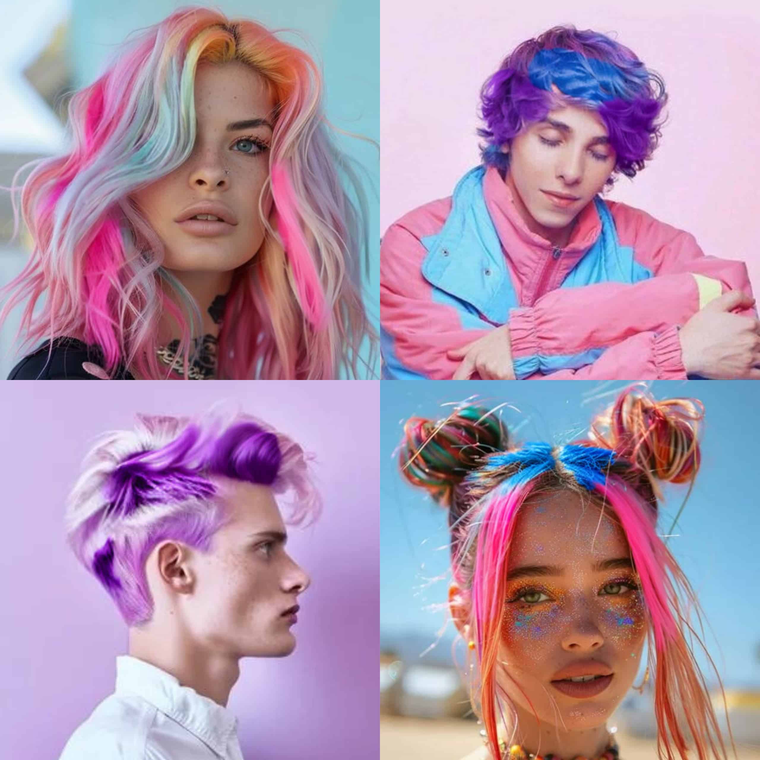 Jóvenes con el cabello pintado con tizas de colores lavables mostrando estilos modernos y tonos vibrantes