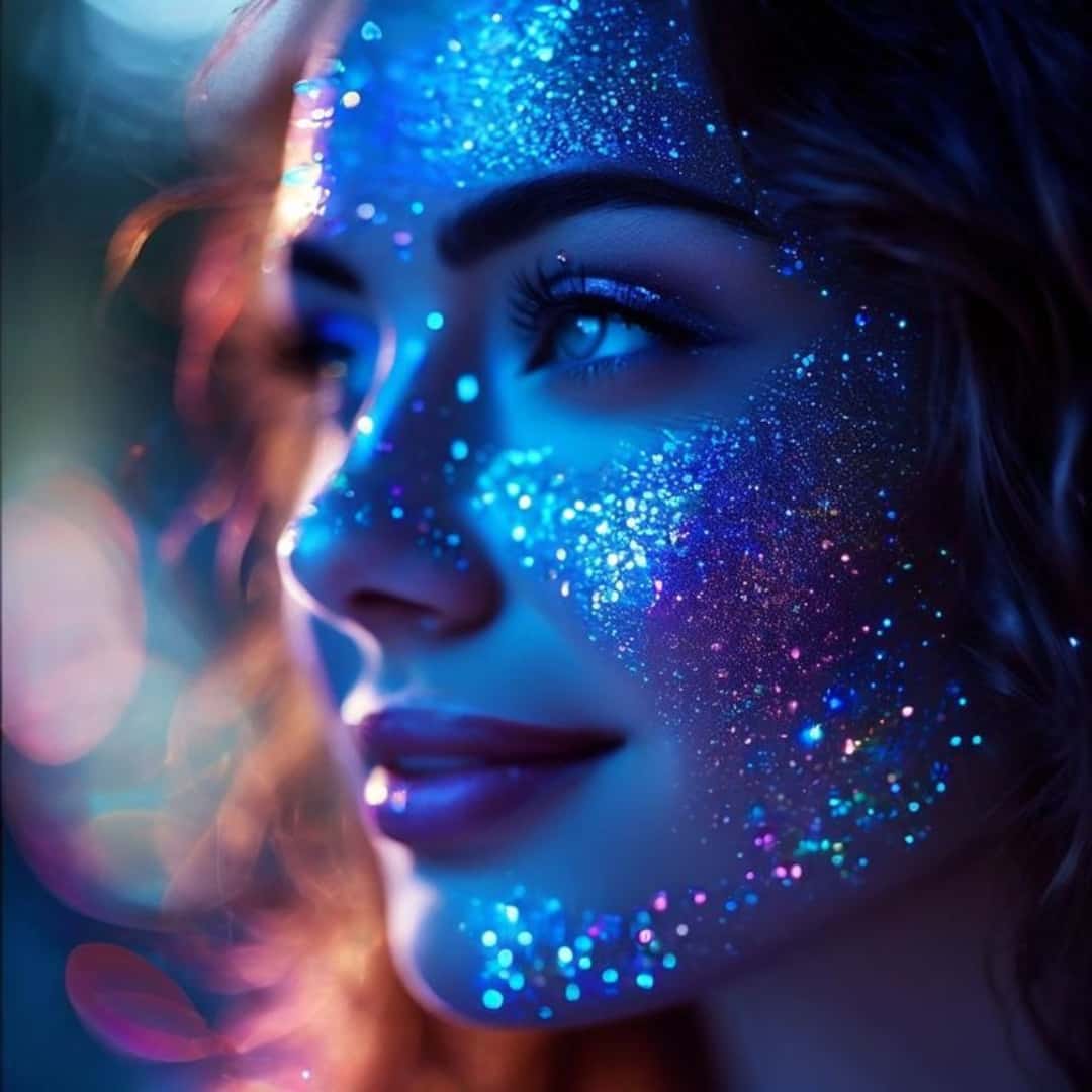 Chica con rostro iluminado por LumiGlow Pro – Gel Glitter UV Biodegradable Rostro de chica iluminado con gel glitter UV biodegradable LumiGlow Pro mostrando reflejos neón y brillo holográfico