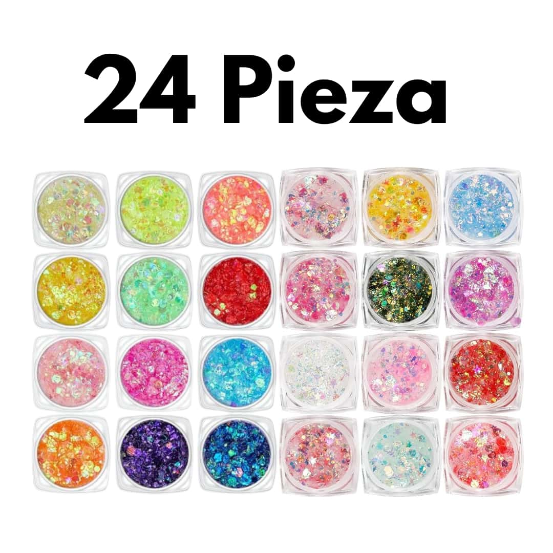 LumiGlow Pro – Gel Glitter UV Biodegradable 24 Tonos Set LumiGlow Pro de gel glitter UV biodegradable con 24 tonos diferentes presentado sobre fondo blanco