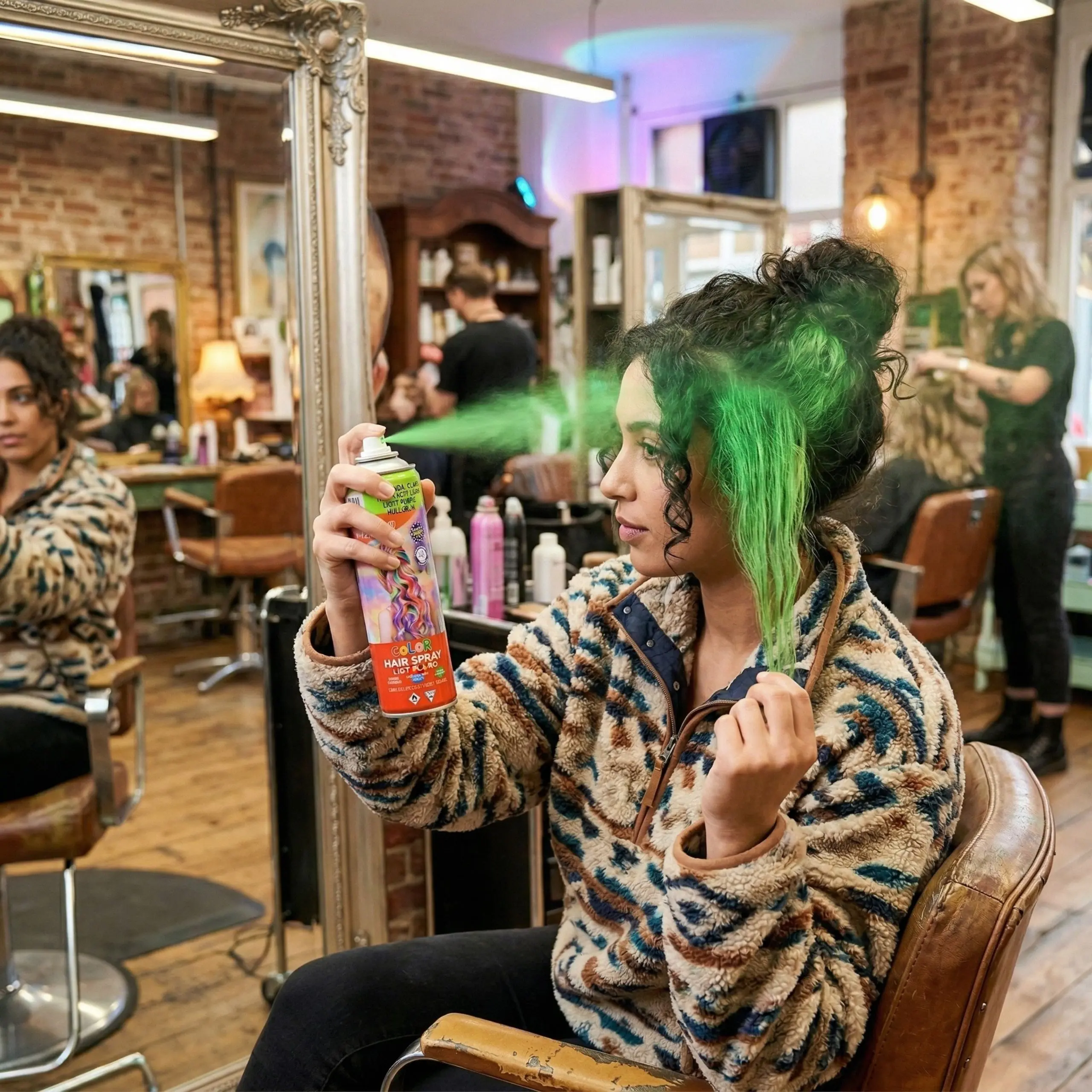 Cómo aplicar spray de color en el cabello Mujer aplicando laca de color verde intenso en un mechón de pelo para un cambio de look rápido y profesional.