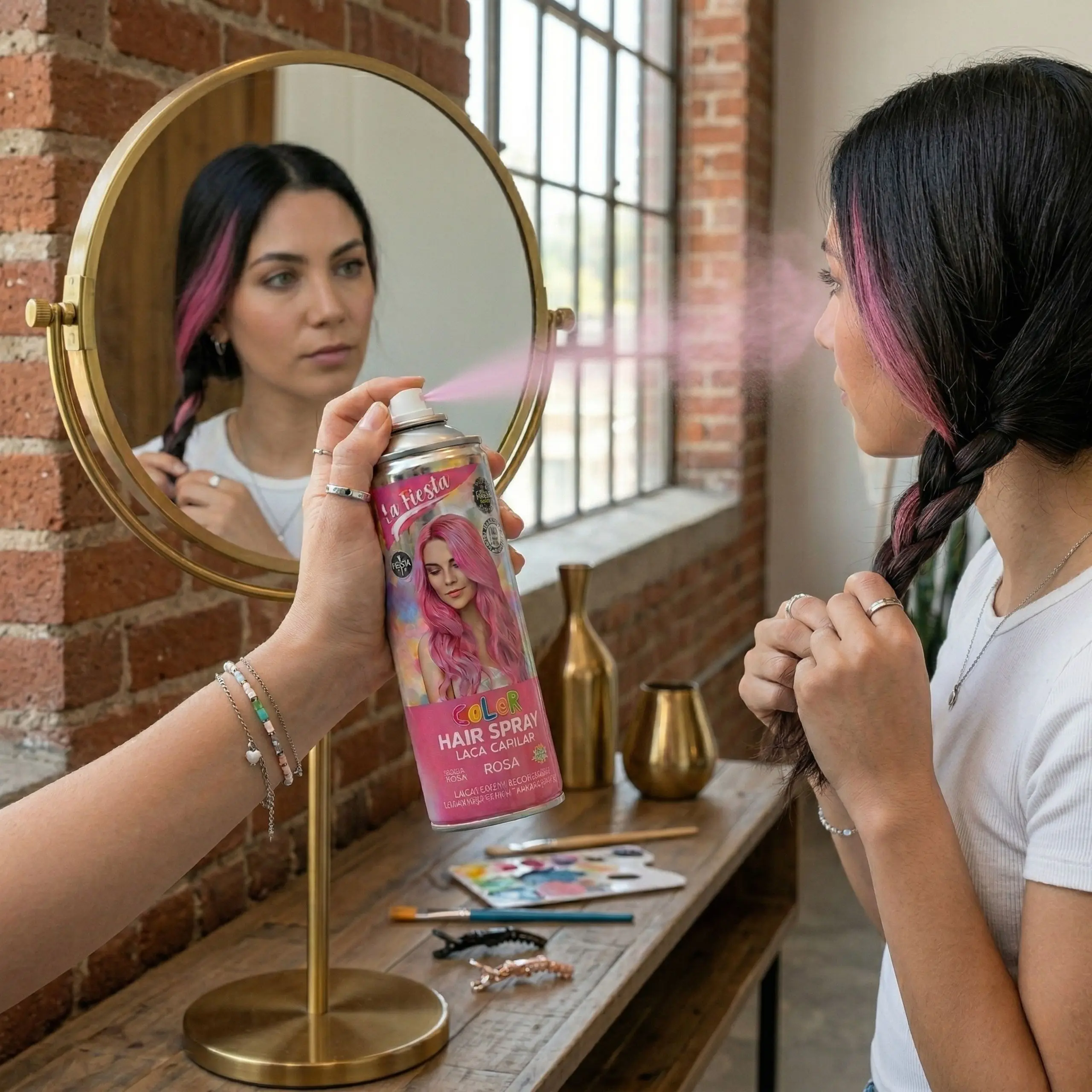 Aplicación de Mechas Rosas Temporales Una mujer joven frente a un espejo circular aplicando el spray de color rosa en una sección de su cabello trenzado. Se ve el reflejo de su rostro mientras rocía el producto en un ambiente luminoso con paredes de ladrillo.