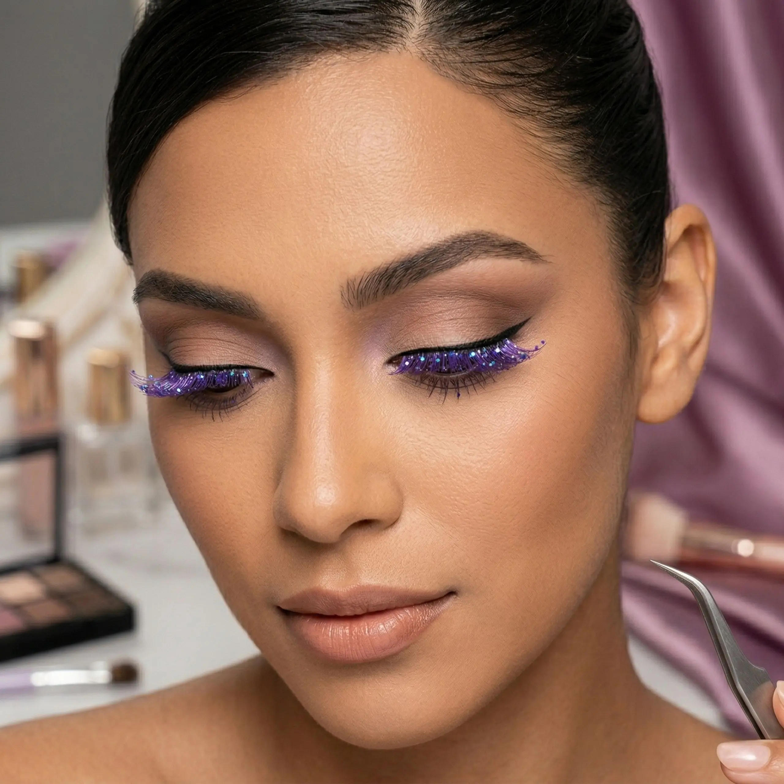 Look de Maquillaje con Pestañas de Colores 3D Primer plano de una mujer usando pestañas postizas moradas con brillo y sombras violetas para un look de fiesta profesional.