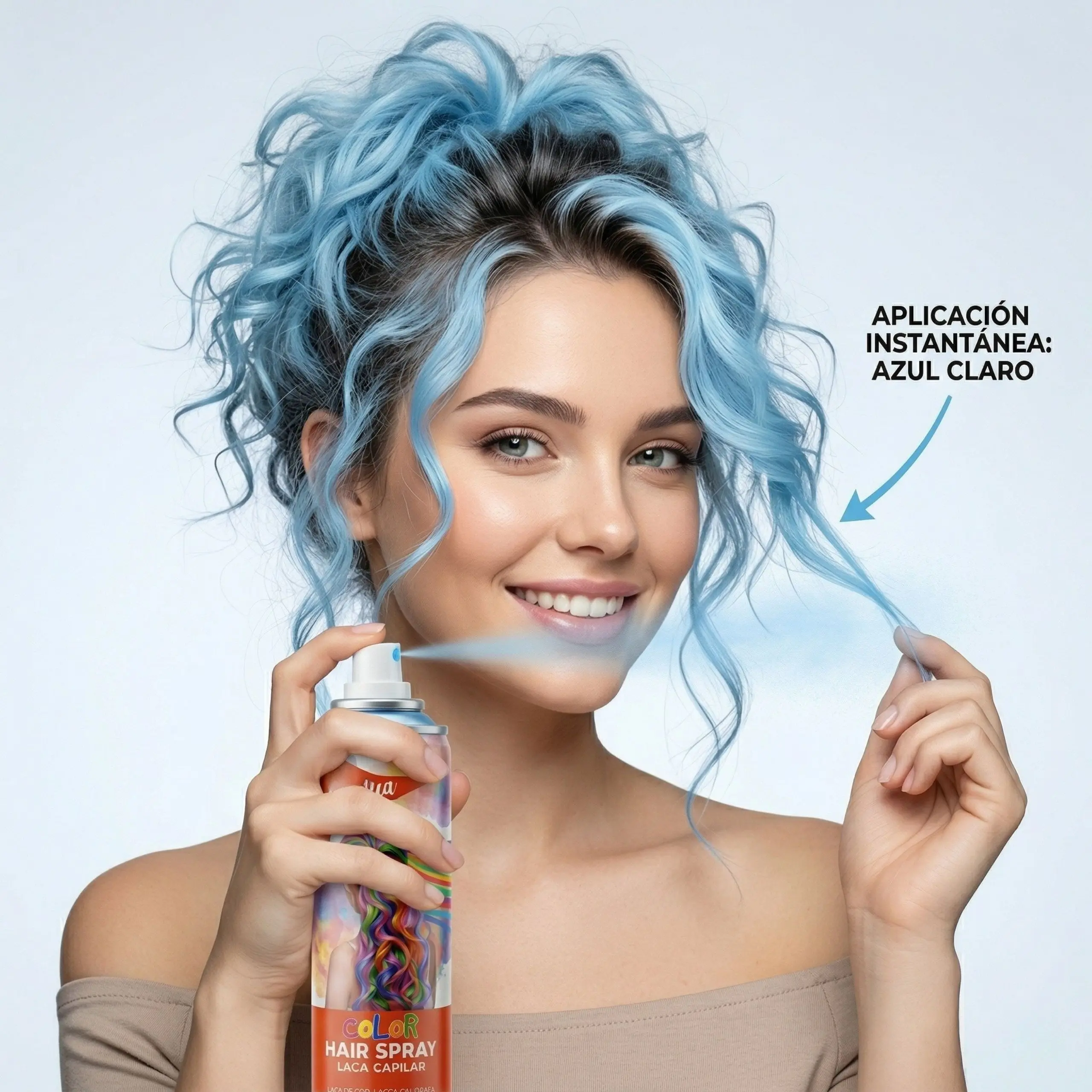 Cómo Aplicar Tinte Temporal Azul Claro Chica joven aplicando laca de color azul claro en un mechón de pelo, demostrando la aplicación instantánea y vibrante del producto.