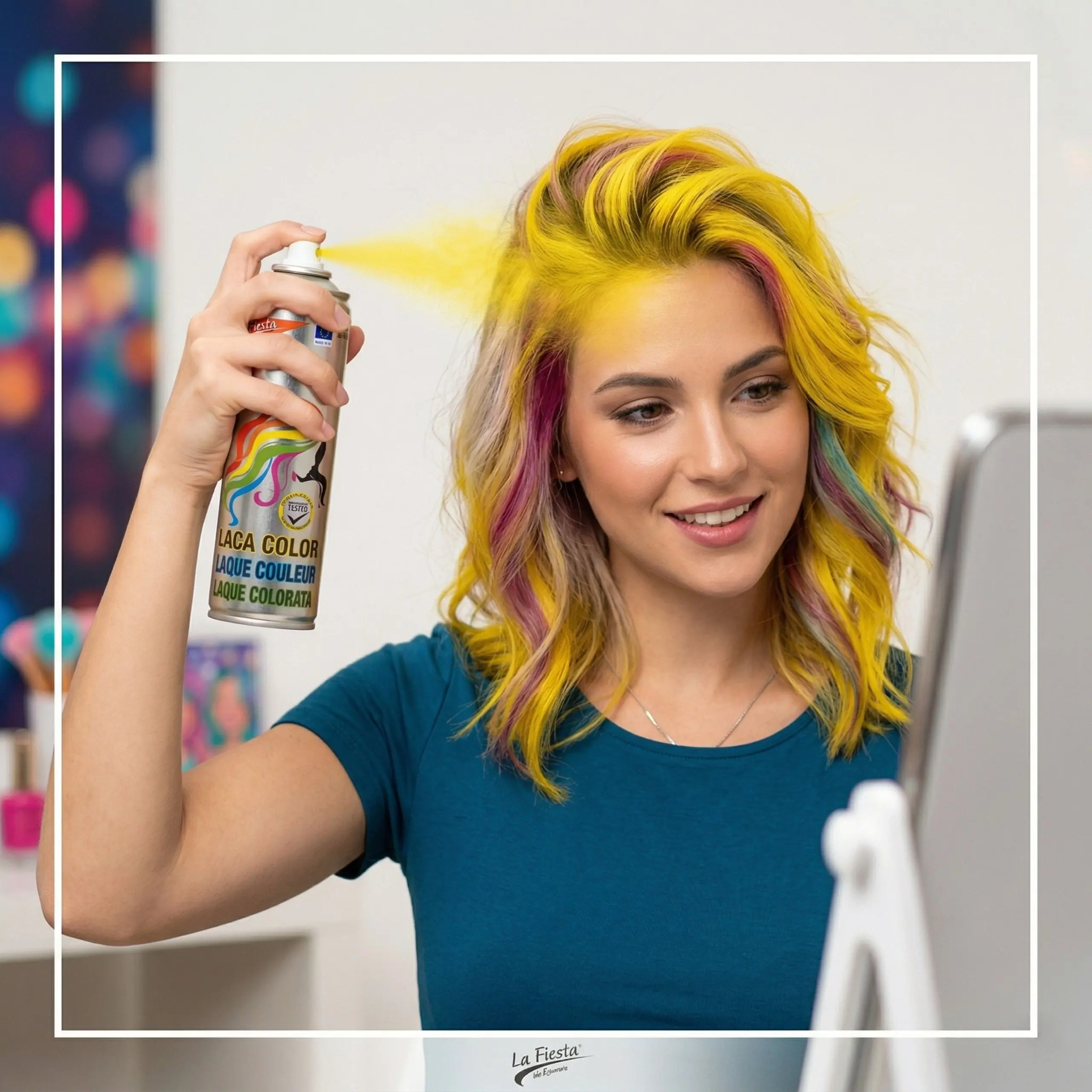 Cómo aplicar spray de color en el cabello Mujer aplicándose spray de color amarillo frente al espejo para lograr mechas temporales vibrantes de forma rápida y sencilla.