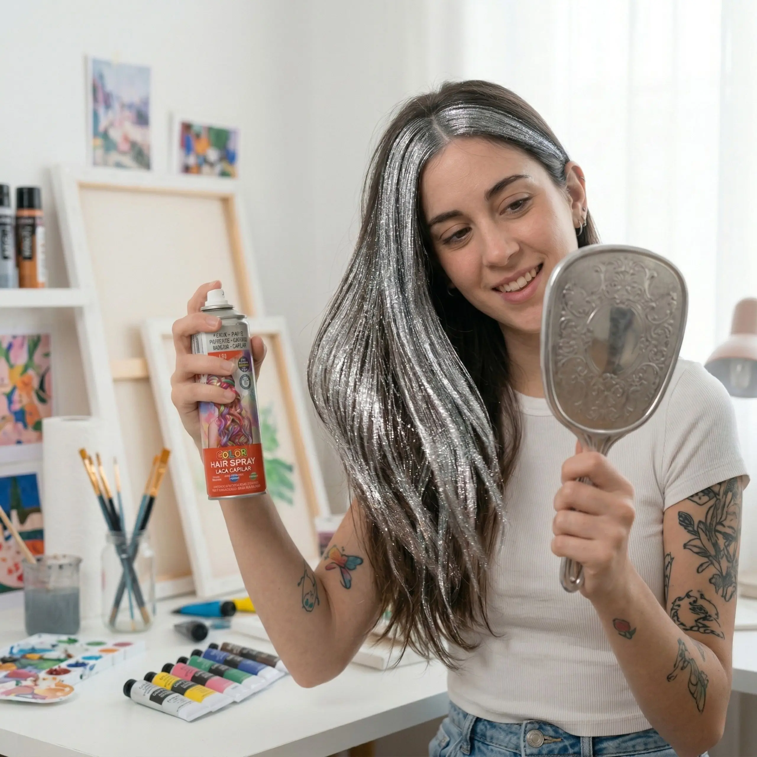 Cómo aplicar spray color plata Mujer aplicando spray de color plata en cabello largo frente a un espejo para un look de fiesta o festival.