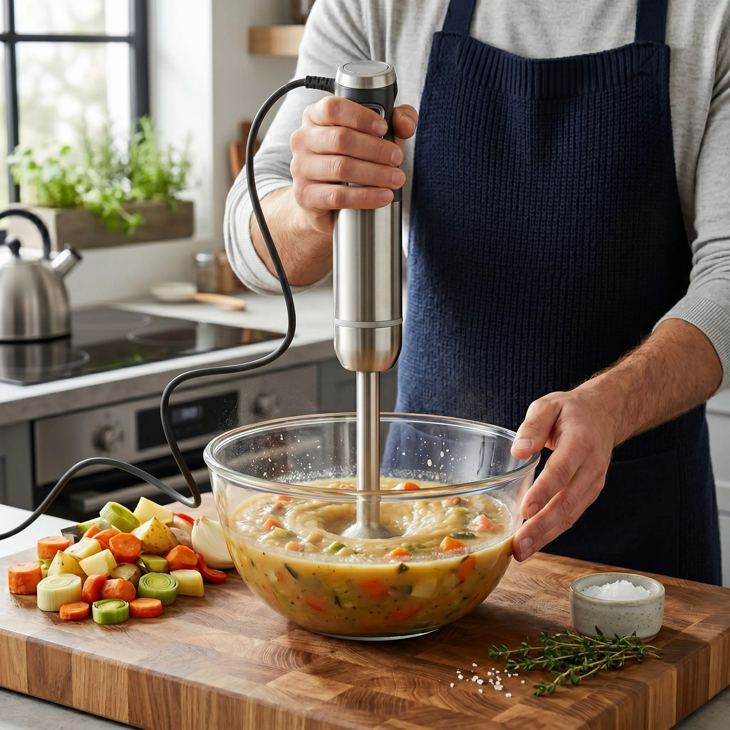 Uso de batidora de mano de 800W preparando una crema de verduras suave directamente en un bol de cristal.