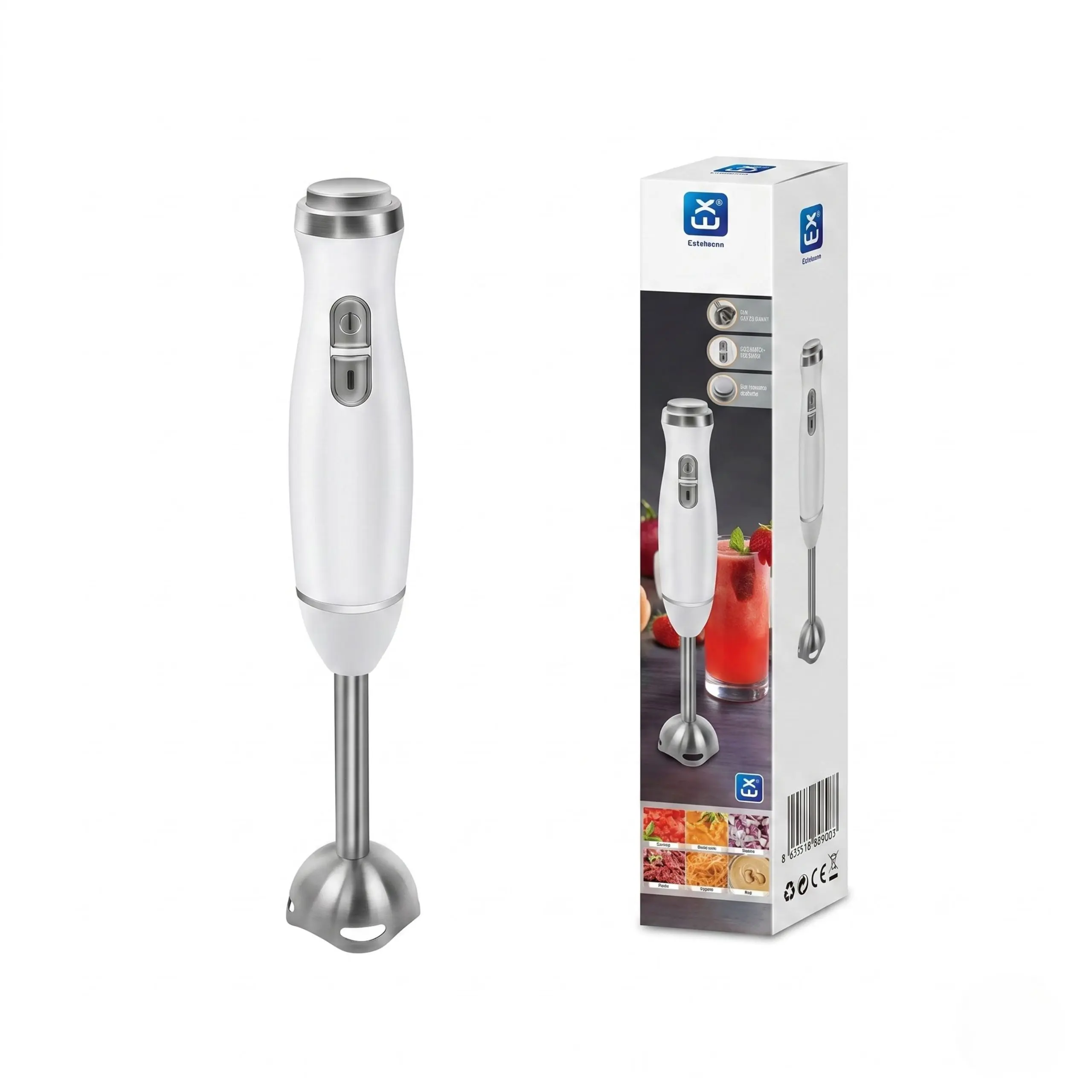 Batidora de Mano Profesional MOD HB03 Batidora de mano de 400W con brazo de acero inoxidable y caja de presentación para venta.