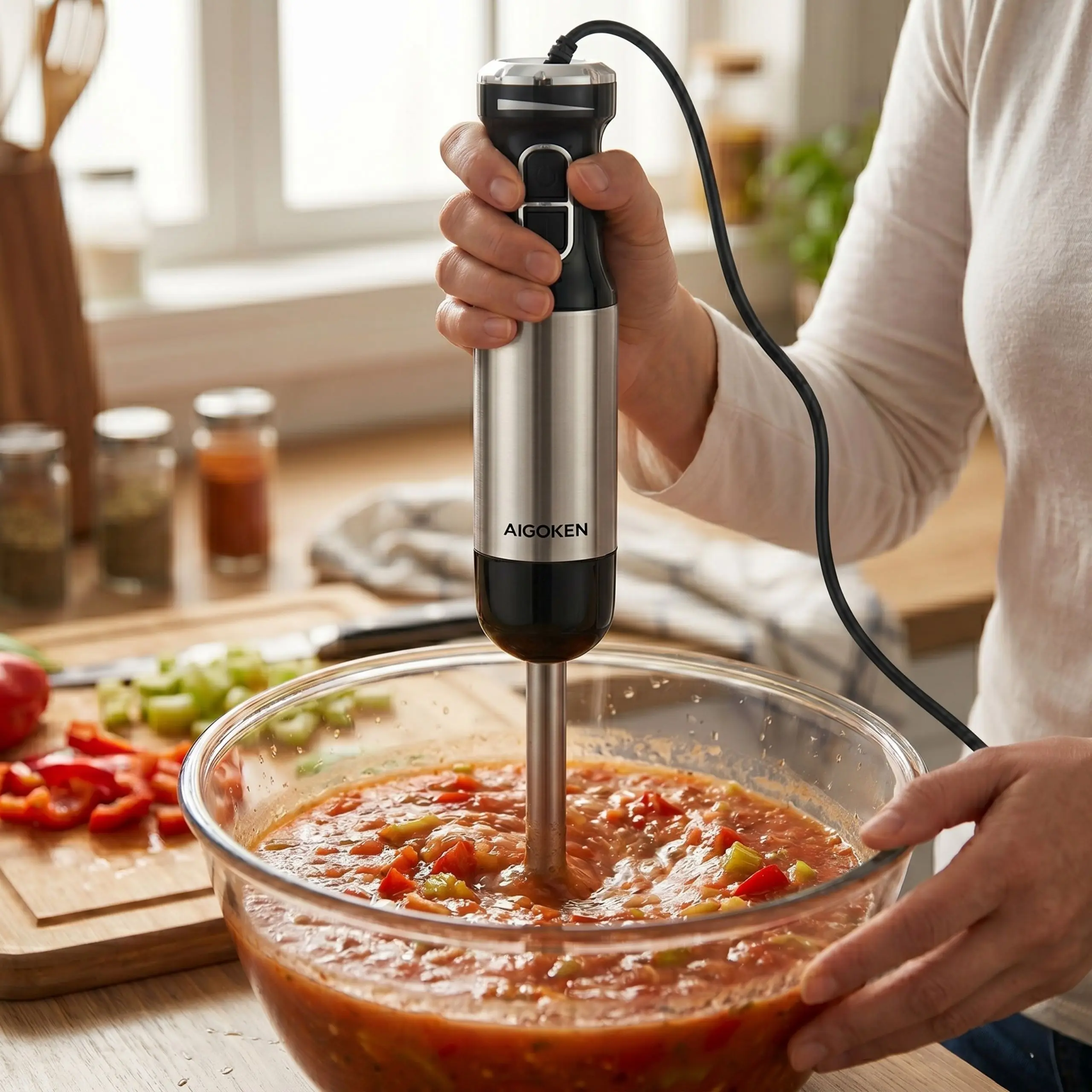 Persona utilizando batidora de mano potente para triturar una salsa de tomate y verduras frescas en un bol de cristal.