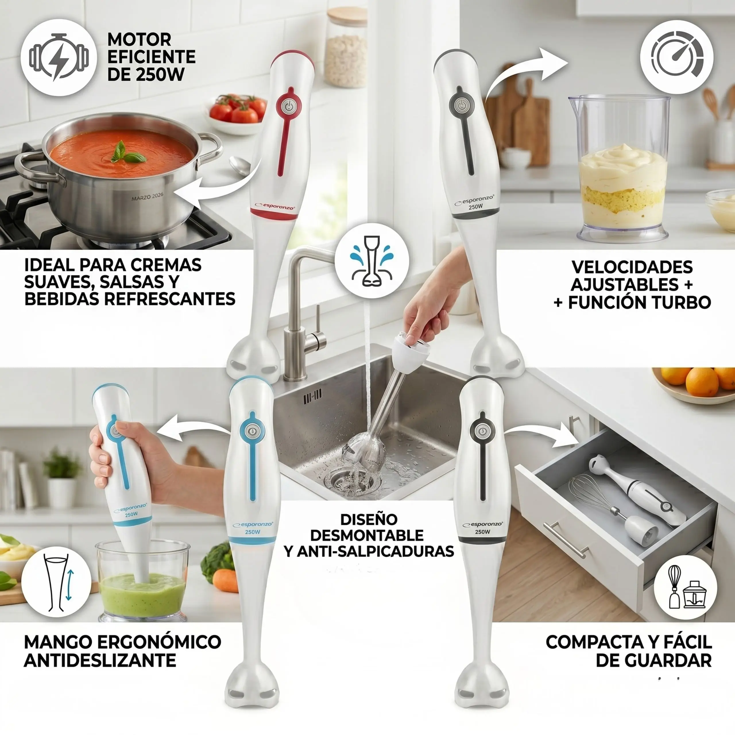 Batidora compacta desmontable y anti-salpicaduras Composición mostrando la batidora siendo lavada bajo el grifo y guardada en un cajón pequeño de cocina.