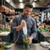 Batidora de mano potente para salsas y smoothies Chef profesional en cocina de restaurante usando la batidora Kiwi para preparar una salsa verde en un vaso mezclador.