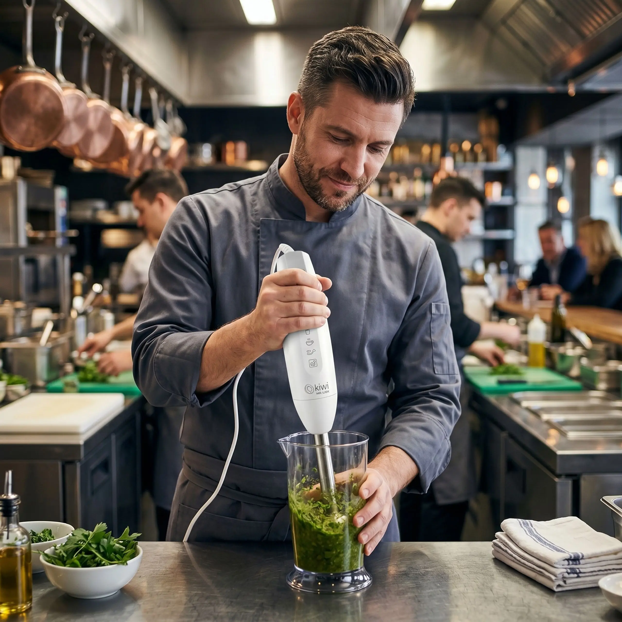 Batidora de mano potente para salsas y smoothies Chef profesional en cocina de restaurante usando la batidora Kiwi para preparar una salsa verde en un vaso mezclador.