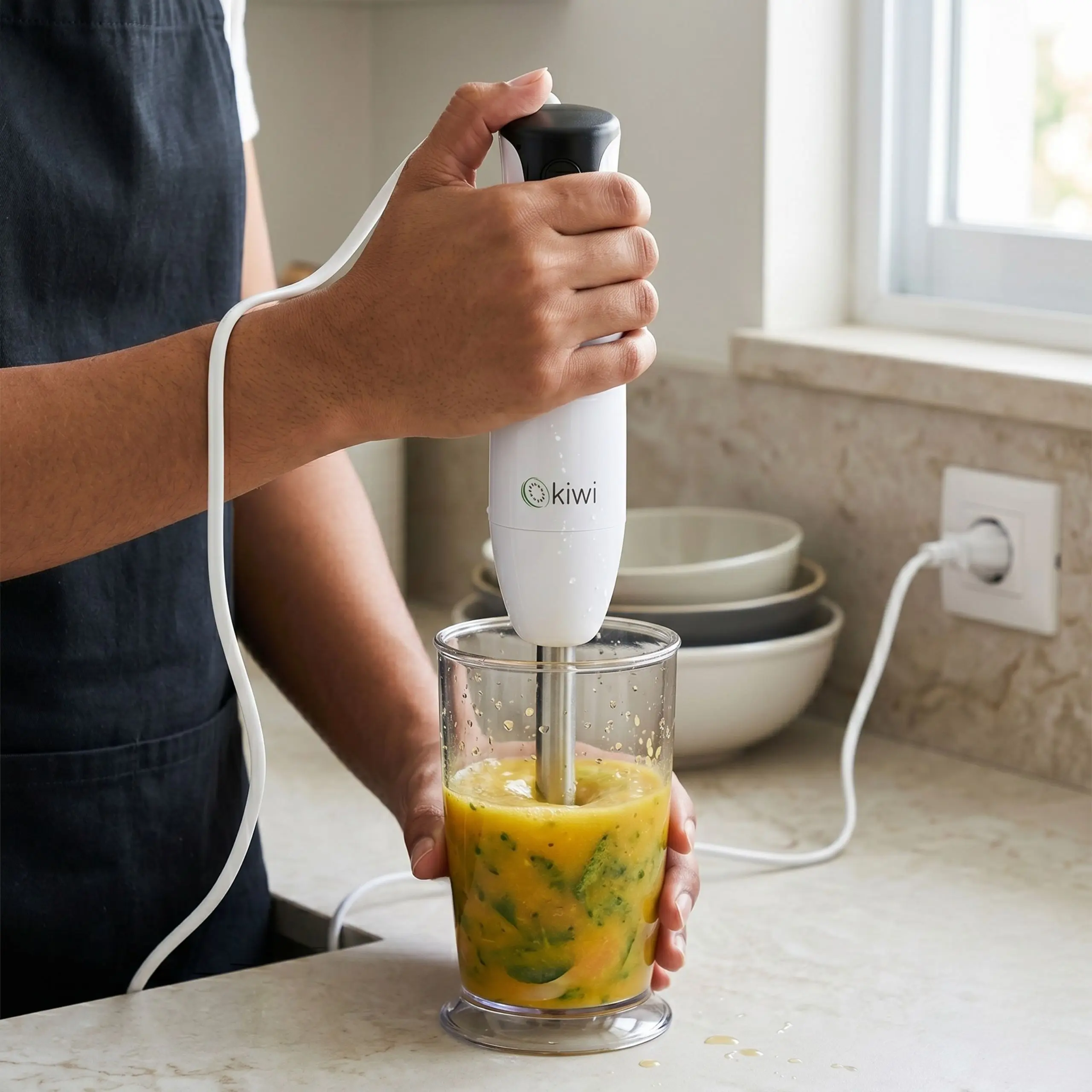 Batidora Kiwi en acción preparando batidos Persona usando la batidora de mano Kiwi para triturar verduras y frutas en un vaso medidor, logrando una textura suave y sin grumos.