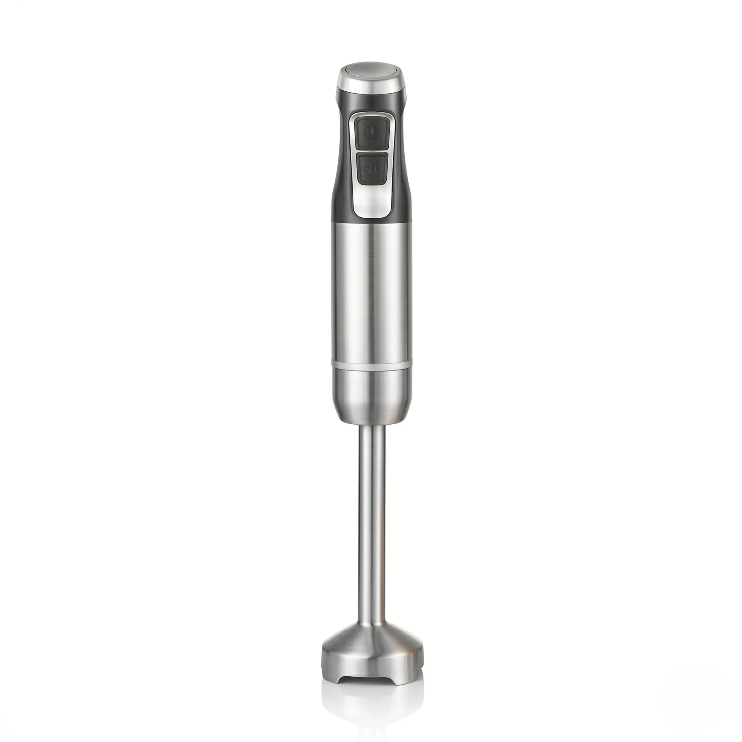 Batidora de mano profesional de 800W en acero inoxidable con control de velocidad ajustable y diseño ergonómico.