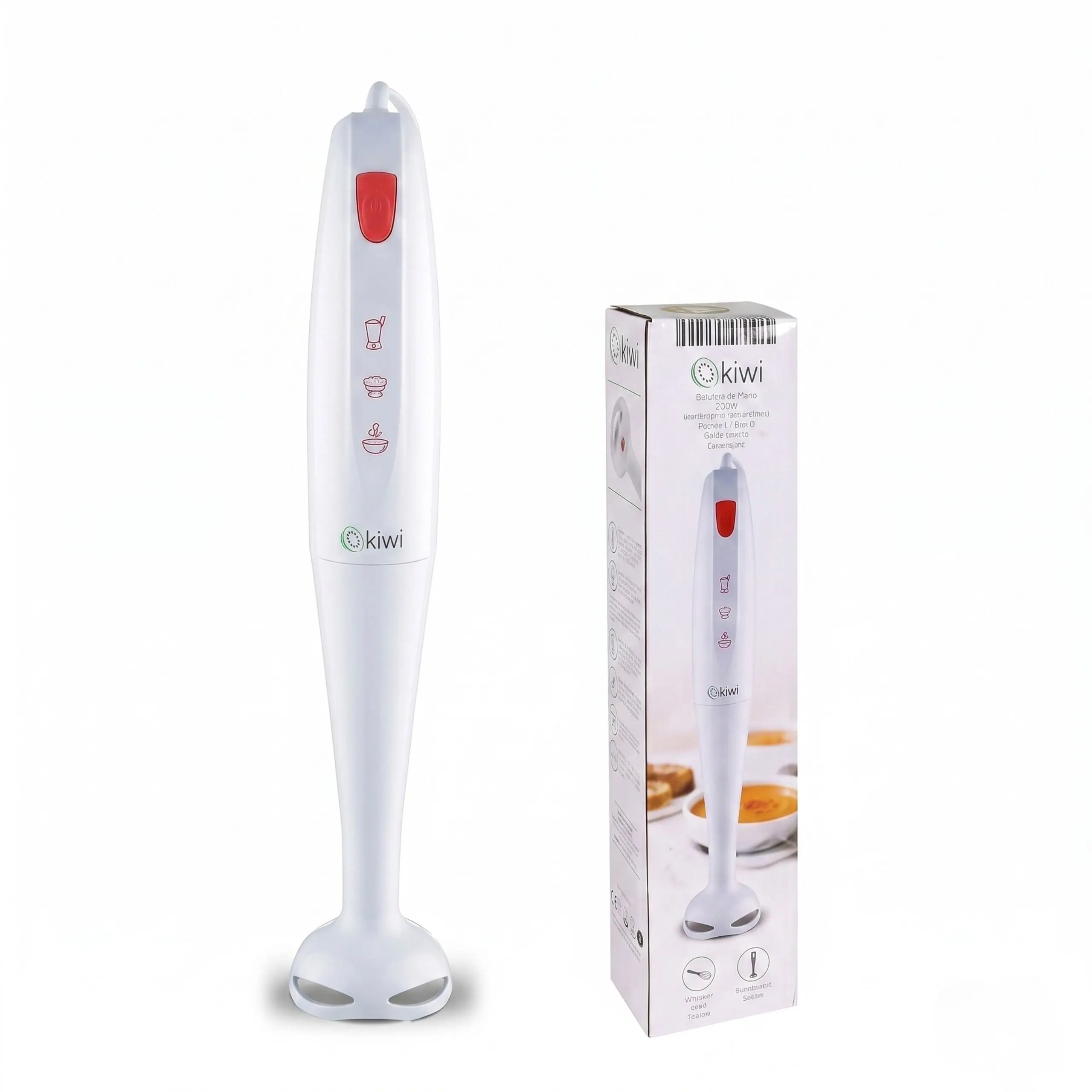 Batidora de Brazo Kiwi 200W con Caja Batidora de mano blanca marca Kiwi de 200W junto a su caja original, destacando su diseño compacto y ligero para cocina.
