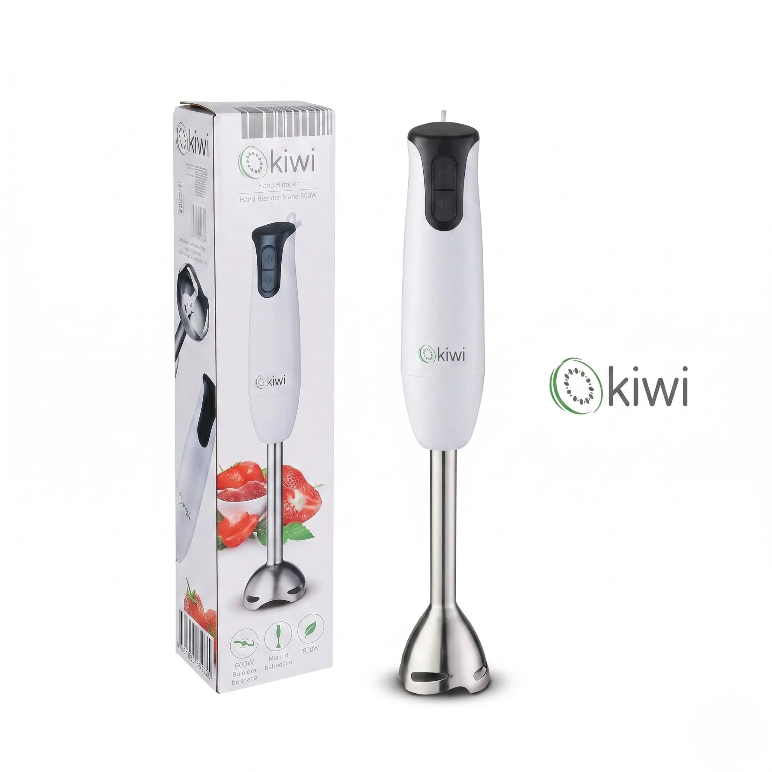 Batidora Kiwi 500W con Caja Original Batidora de mano Kiwi 500W de acero inoxidable junto a su caja de empaque, destacando su diseño ergonómico y potencia.
