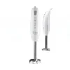 Batidora de mano Kiwi MR-LIGK – Diseño Ergonómico Vista frontal y lateral de la batidora de mano Kiwi con pie de acero inoxidable y cuerpo blanco sobre fondo blanco.