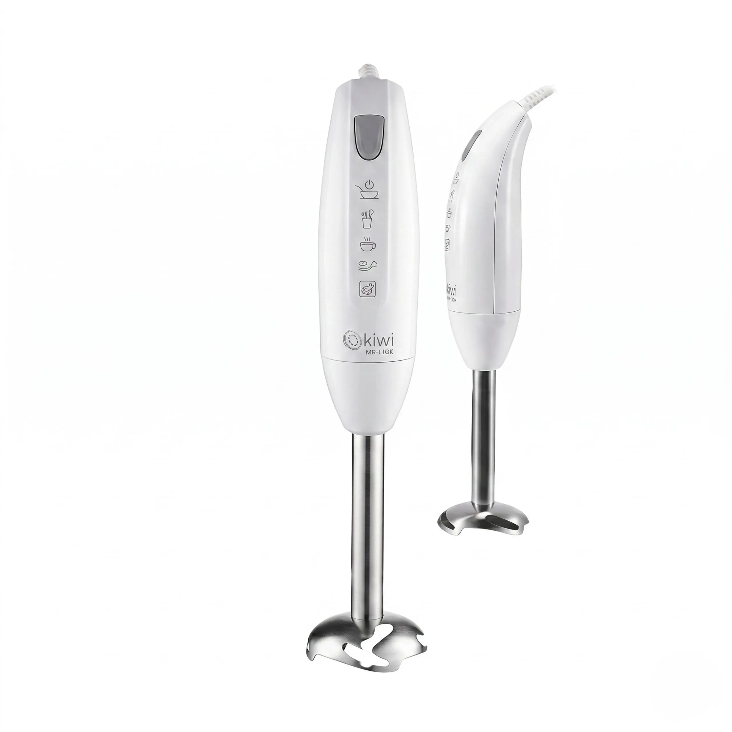 Batidora de mano Kiwi MR-LIGK – Diseño Ergonómico Vista frontal y lateral de la batidora de mano Kiwi con pie de acero inoxidable y cuerpo blanco sobre fondo blanco.