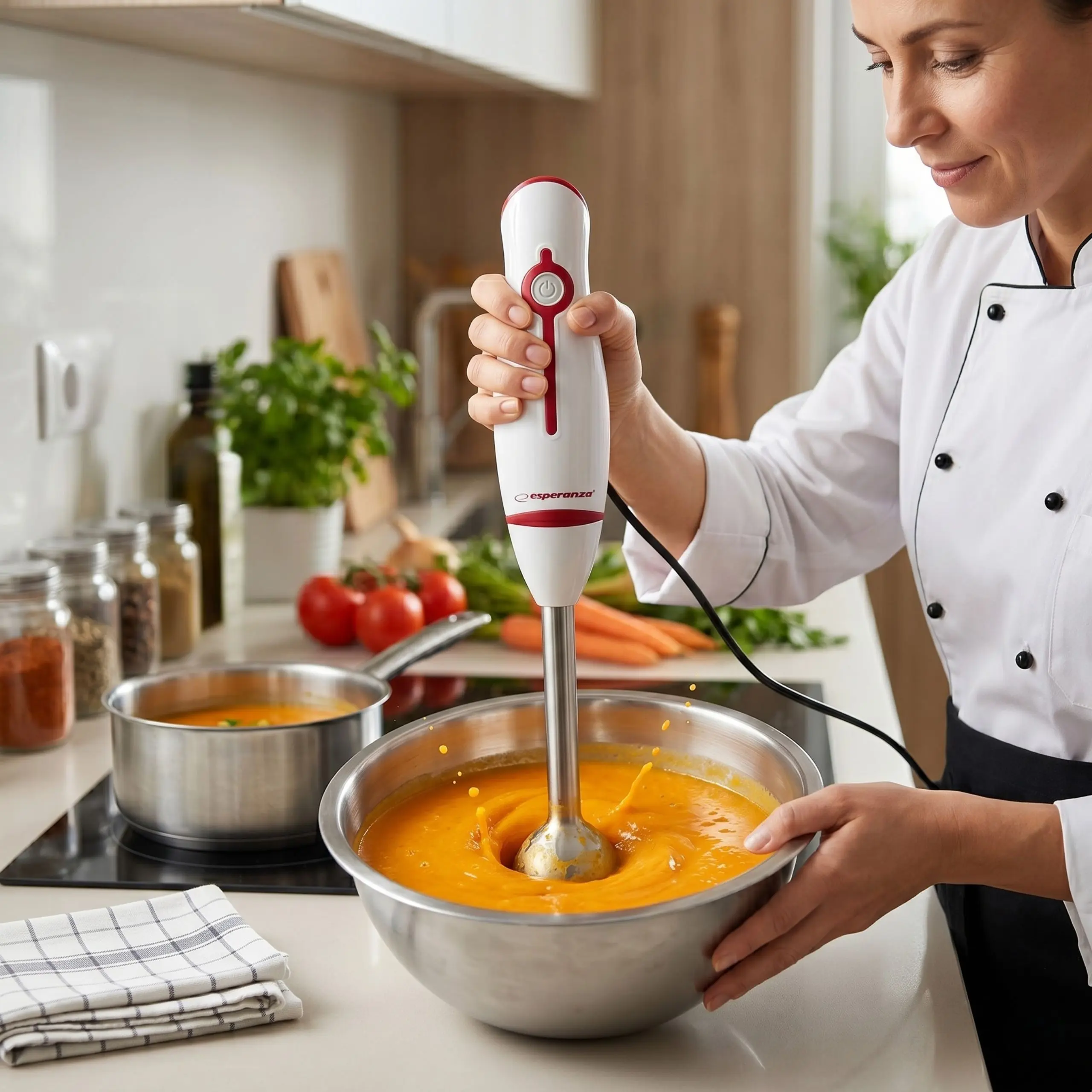 Triturando cremas suaves con batidora de brazo Chef utilizando batidora de mano para triturar una crema de verduras naranja en un bol de acero inoxidable.