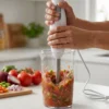 Batidora para Emulsionar Salsas y Cremas Minipimer de acero inoxidable batiendo una salsa de tomate fresca en recipiente transparente.