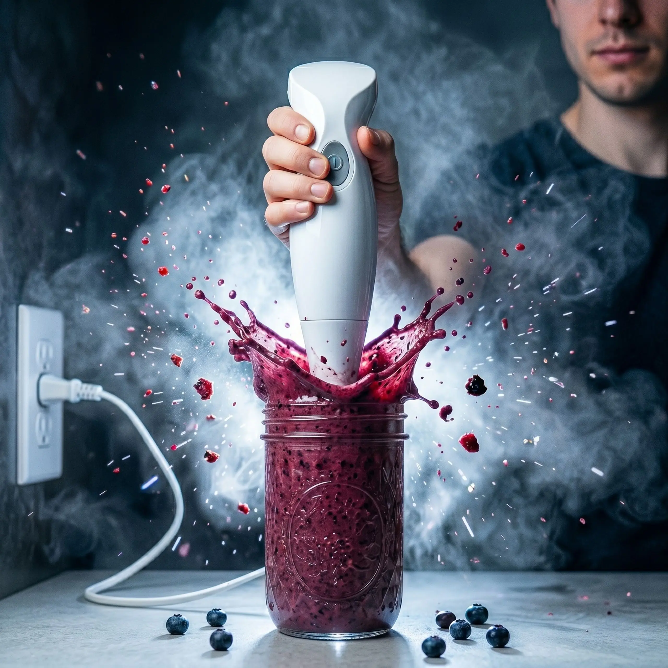 Preparación de batido de frutas con batidora HB02 Batidora de mano HB02 triturando arándanos y frutos rojos en un vaso, demostrando su potencia para batidos y smoothies caseros.