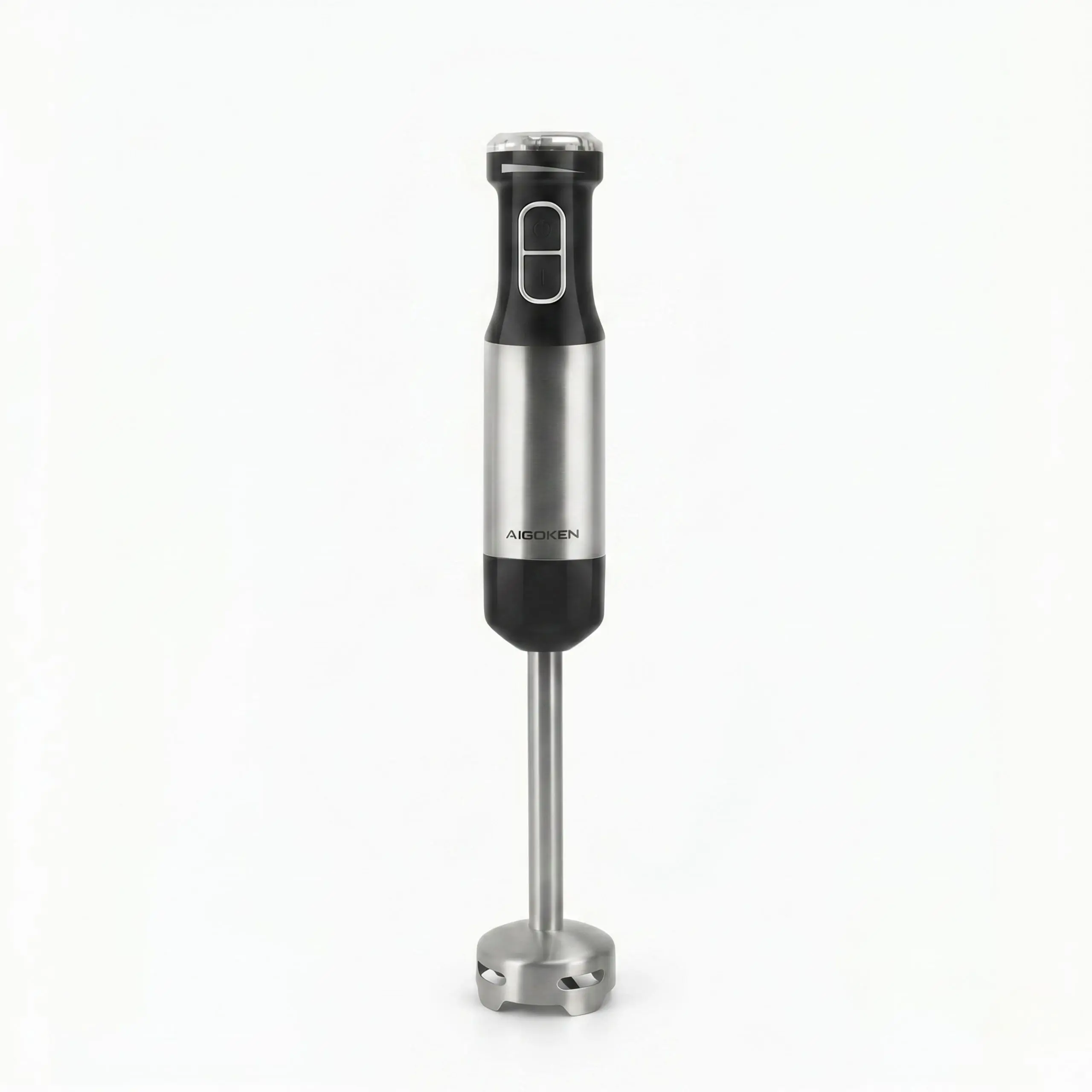 Batidora de mano profesional de 800W en acero inoxidable con diseño ergonómico y acabados premium sobre fondo blanco.
