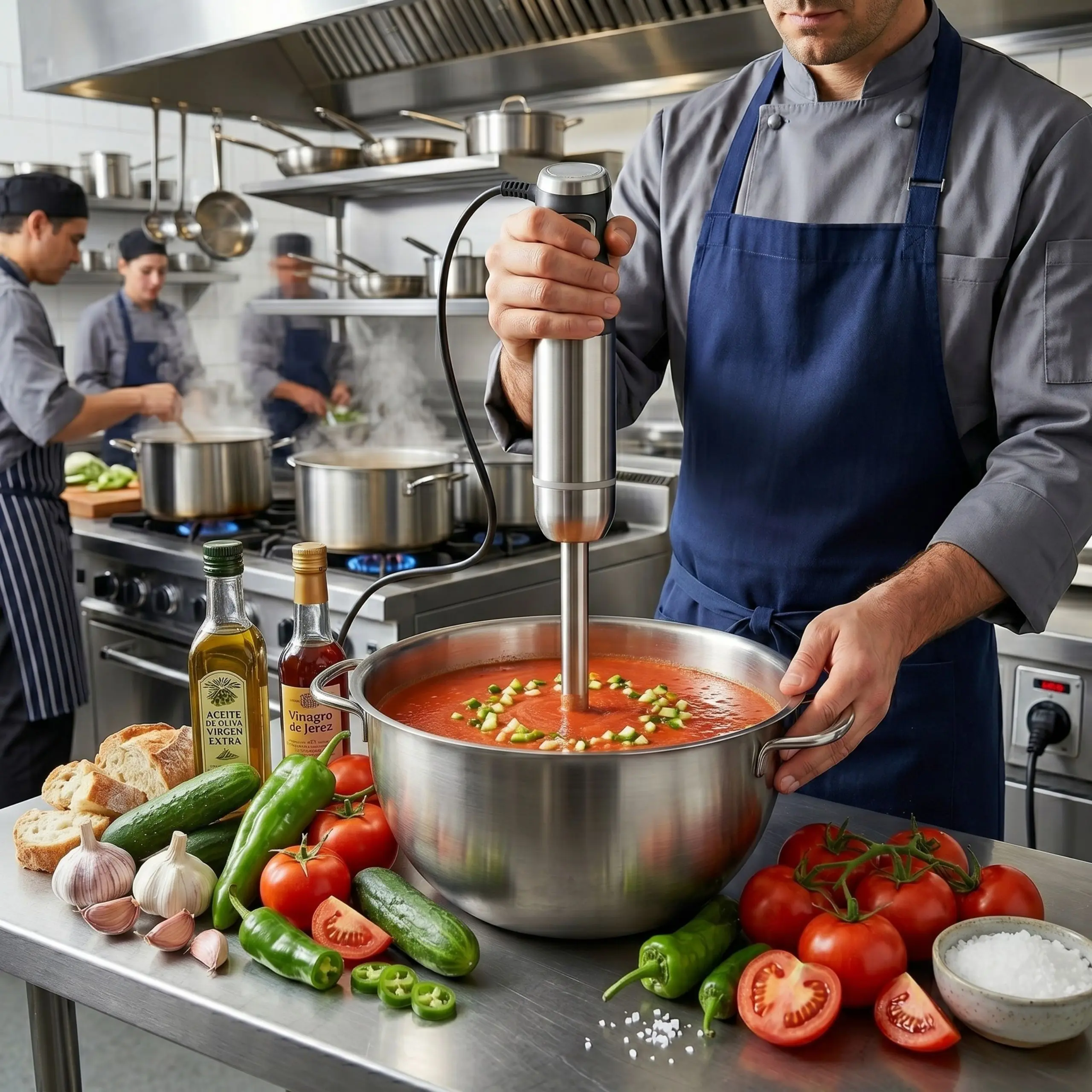 Batidora de mano profesional triturando salsa de tomate en una cocina de restaurante, destacando su resistencia y potencia.