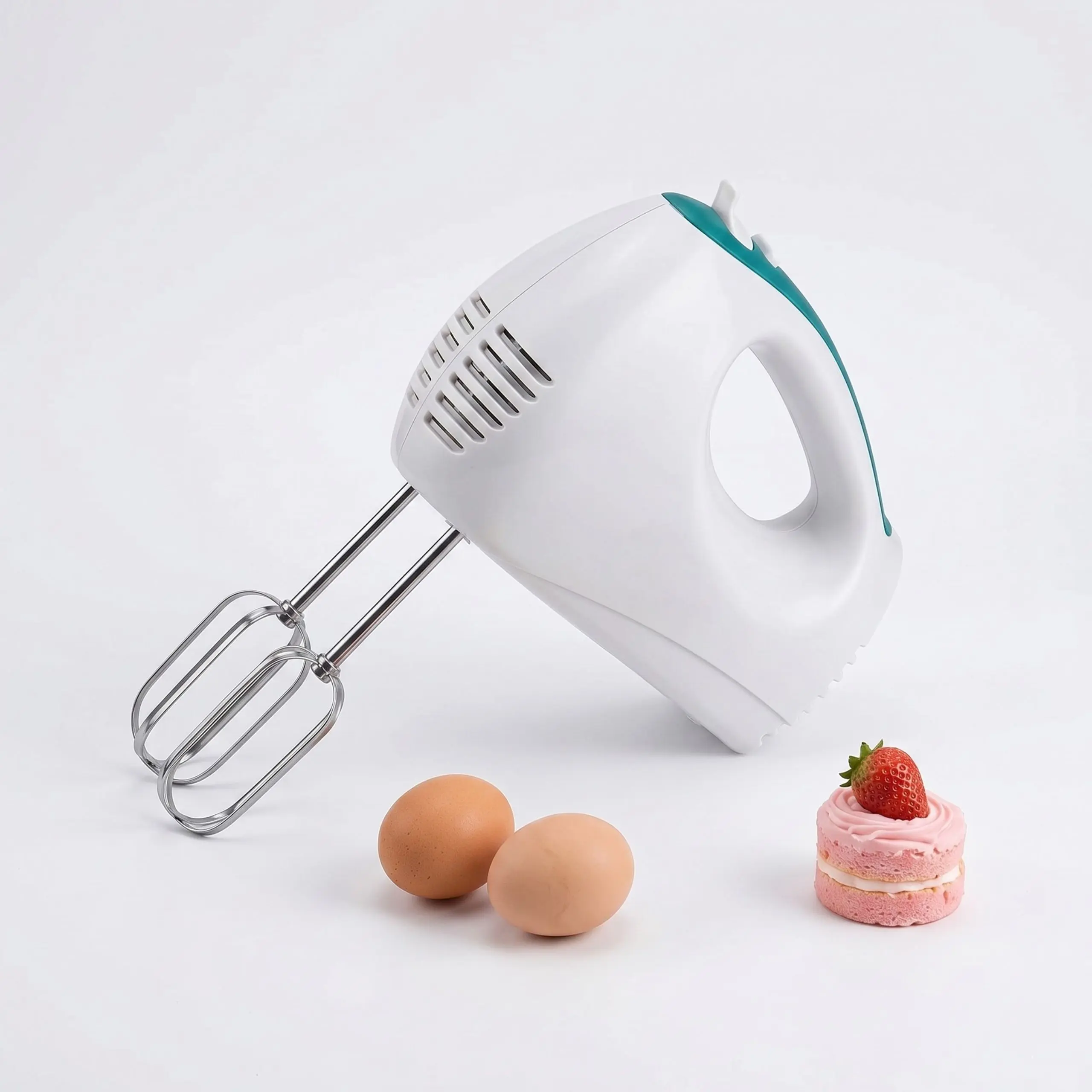 Batidora de mano eléctrica blanca de 200W junto a huevos y un postre de fresa sobre fondo blanco.