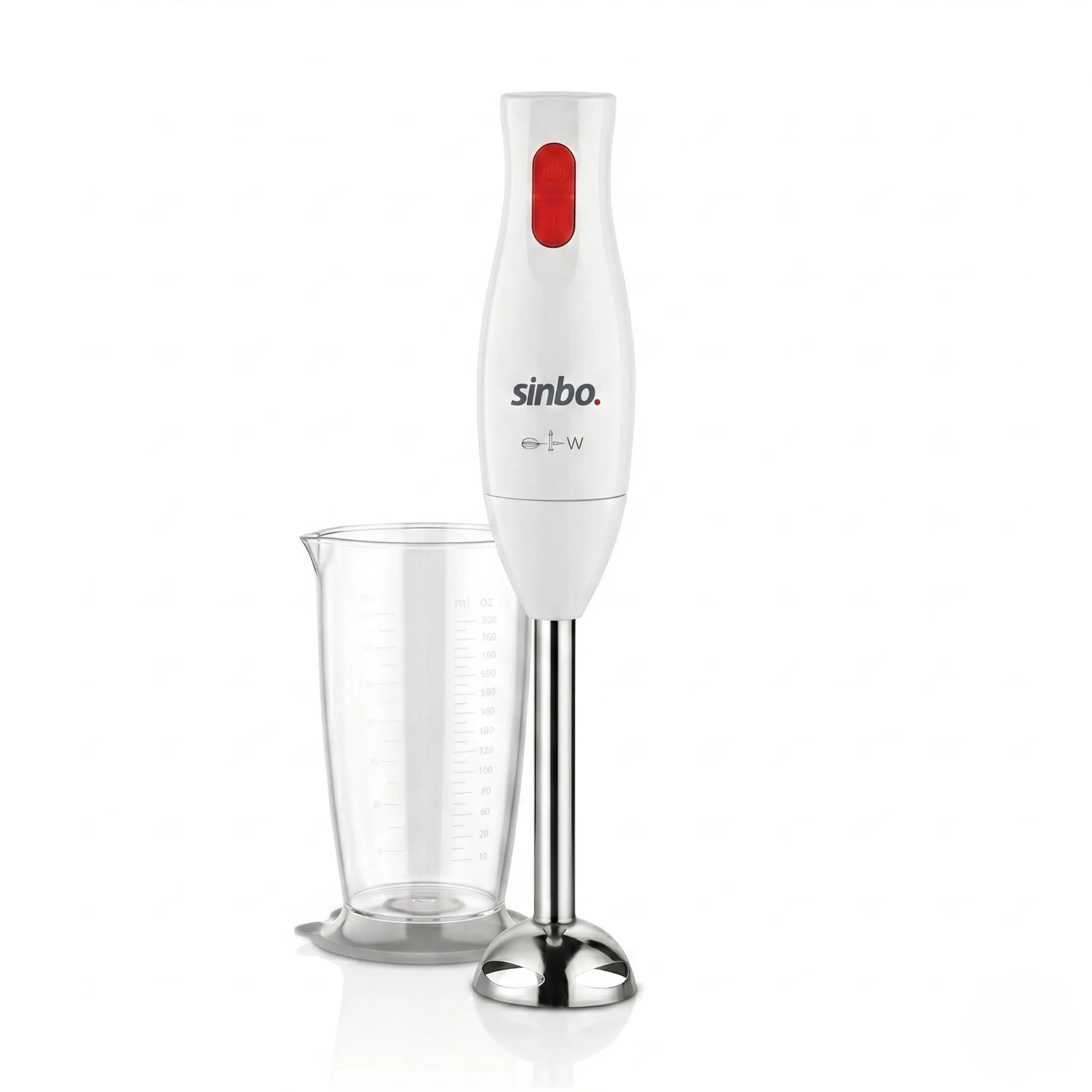 Batidora de mano Sinbo de 350W en color blanco con cuchillas de acero inoxidable y vaso medidor transparente de 800ml.