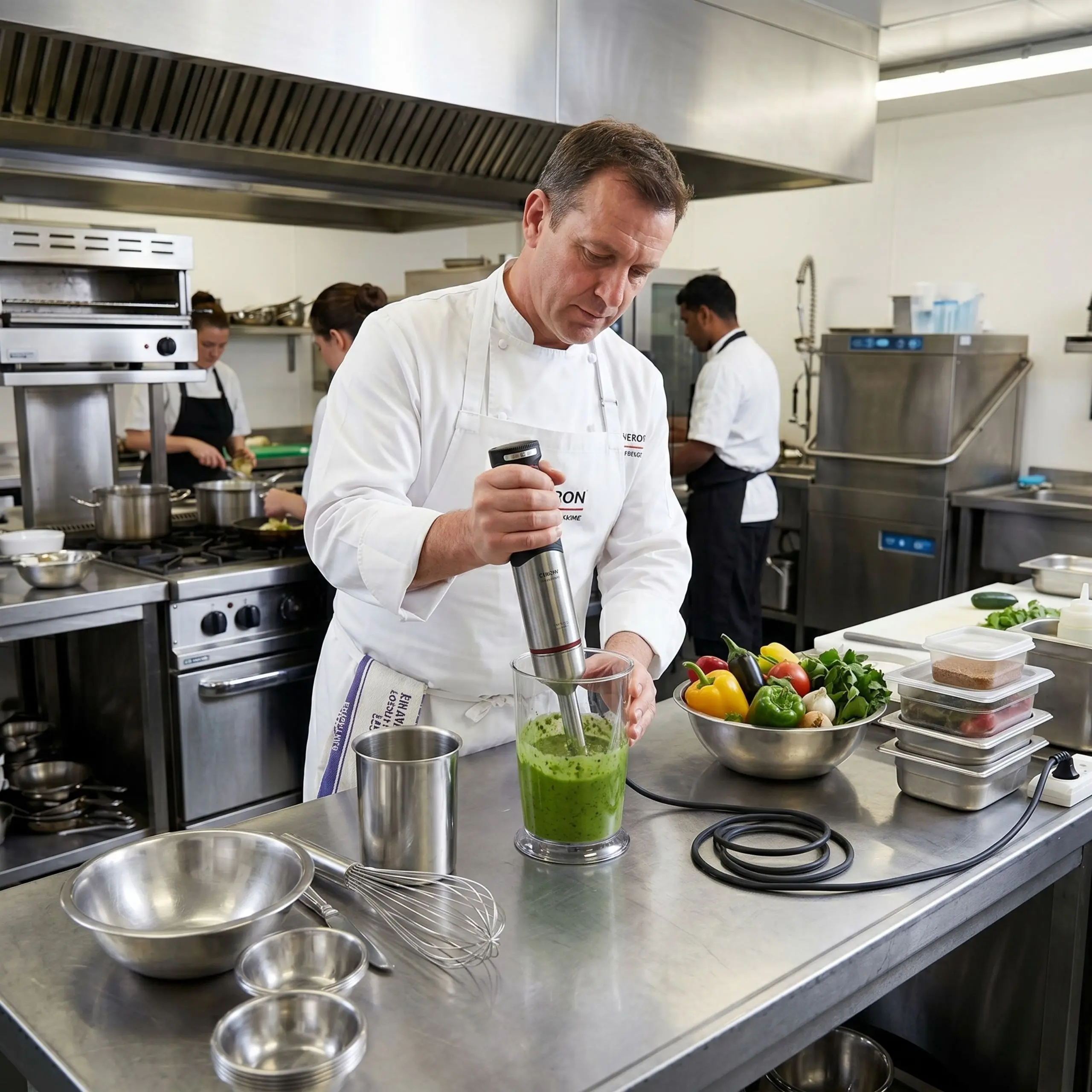 Batidora de mano para cocina profesional Chef profesional utilizando la batidora de inmersión de 1000W para preparar salsas y purés en una cocina industrial.