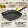 Infografía de sartén grill con bordes altos, base de calor uniforme y mango de seguridad para cocina saludable sin aceite.