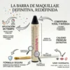 Características del Stick de Maquillaje Multiuso Infografía en español detallando los beneficios de la barra de maquillaje: fórmula segura para piel sensible, cobertura total y uso versátil en ojos y labios.