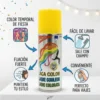 Características de la Laca de Color Amarilla Infografía de spray para teñir pelo que muestra beneficios: color temporal de fiesta, fácil de lavar con champú, fijación fuerte y formato viaje.