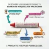 Beneficios del Stick de Maquillaje Versátil Infografía de maquillaje en barra destacando pigmento intenso, larga duración, fórmula segura, precisión y certificación cruelty free.