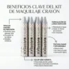 Características del Crayón de Maquillaje Infografía detallando beneficios del maquillaje en barra: resistente al agua, 12 horas de duración y textura difuminable para ojos ahumados.