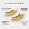 Características de las Pestañas Festivas Definitivas Infografía detallada sobre pestañas de oropel: diseño ligero, volumen dramático instantáneo y fibras de calidad superior reutilizables.