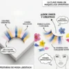 Características de las Pestañas de Moda Infografía de pestañas de colores que destaca características como diseño exclusivo, fibras suaves, aplicación fácil y mirada impactante