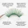 Características Técnicas de las Pestañas Verdes Infografía de pestañas de colores con volumen 3D, banda fina y diseño sin LED para un máximo confort y mirada vibrante.