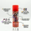 Características del Spray de Color Lavable Infografía de laca de color para el pelo mostrando que es fácil de usar, no daña el cabello y se elimina con un lavado.
