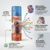 Ventajas del Spray de Color Temporal La Fiesta Infografía que muestra cómo se aplica el spray de color, su fijación flexible de larga duración y su fácil eliminación con un simple lavado.