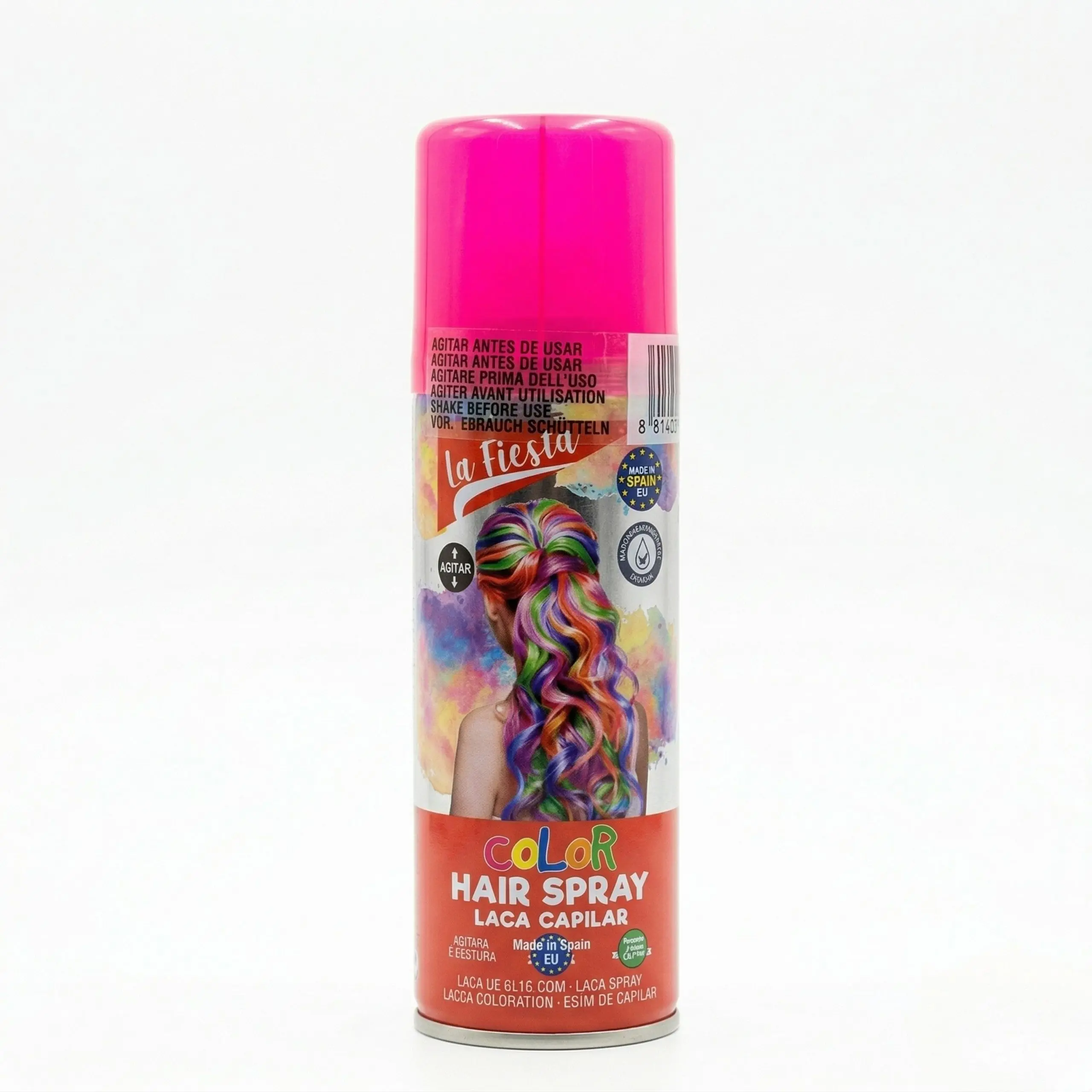 Spray de color rosa «La Fiesta» Bote de laca capilar de color rosa con diseño colorido y etiqueta que indica que es un producto fabricado en España, ideal para cambios de look temporales.