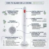 Beneficios y Usos de la Batidora Kiwi Infografía en español de la batidora Kiwi 200W mostrando cuchillas de acero inoxidable, accesorios desmontables y usos para mayonesa y smoothies.