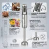 Infografía técnica de batidora de mano mostrando sistema de 4 cuchillas de acero inoxidable, potencia de 800W y capacidad para picar hielo.